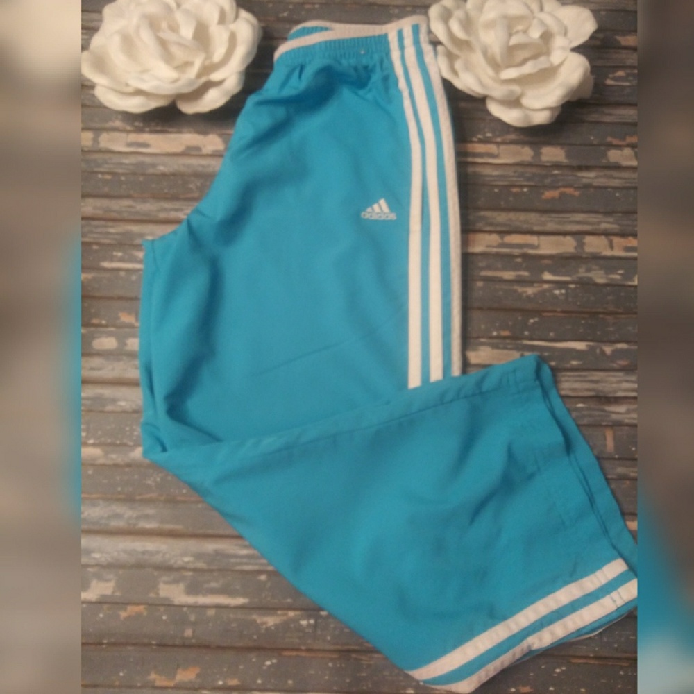 Capri Adidas Women's Teal Blue Track Pants with White Stripes - Picture 2 of 10
